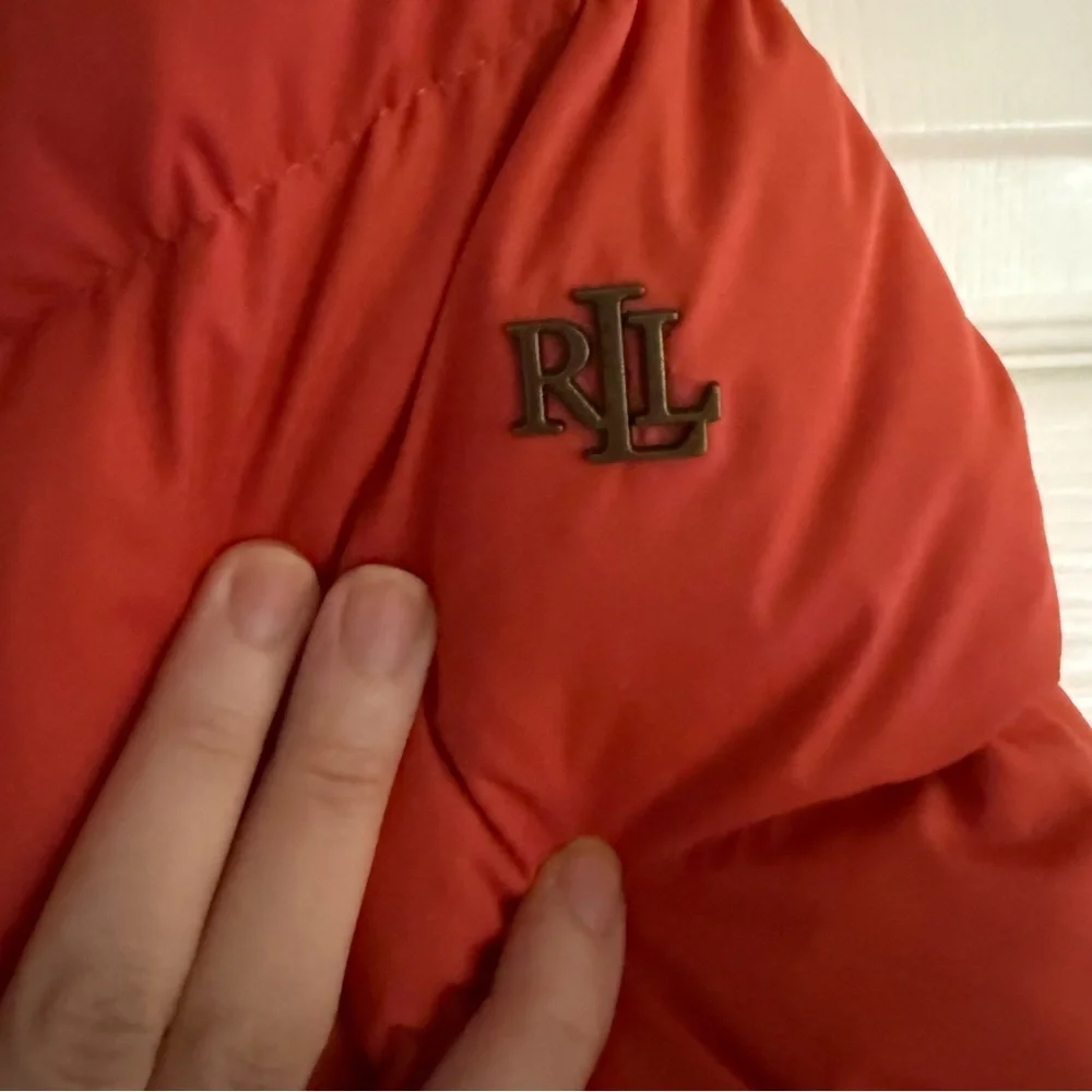 Lauren Ralph Lauren Orange Puffer Coat with Faux Fur Trim Hood - Picture 6 of 9